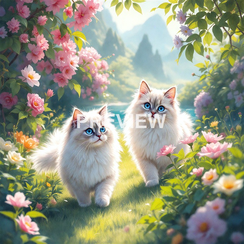 Two fluffy white cats with striking blue eyes are walking through a lush, colorful garden filled with pink and purple flowers, with a misty mountain landscape in the background.